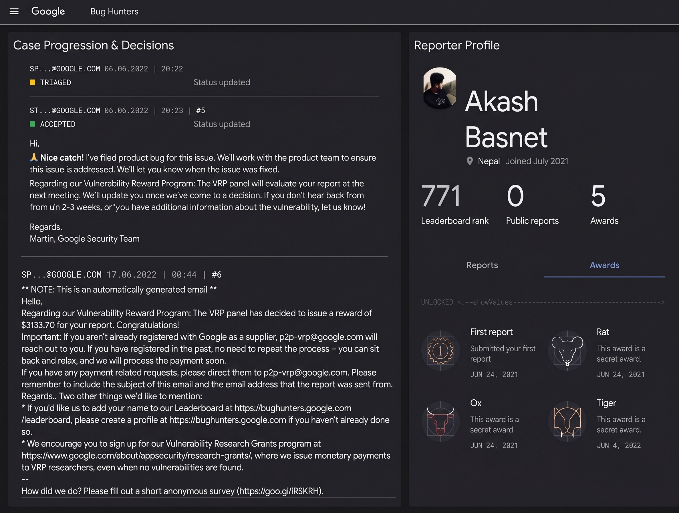 Google Bug Hunters — Akash Basnet · Hall of Fame, bounty reward, and Nice catch acknowledgement