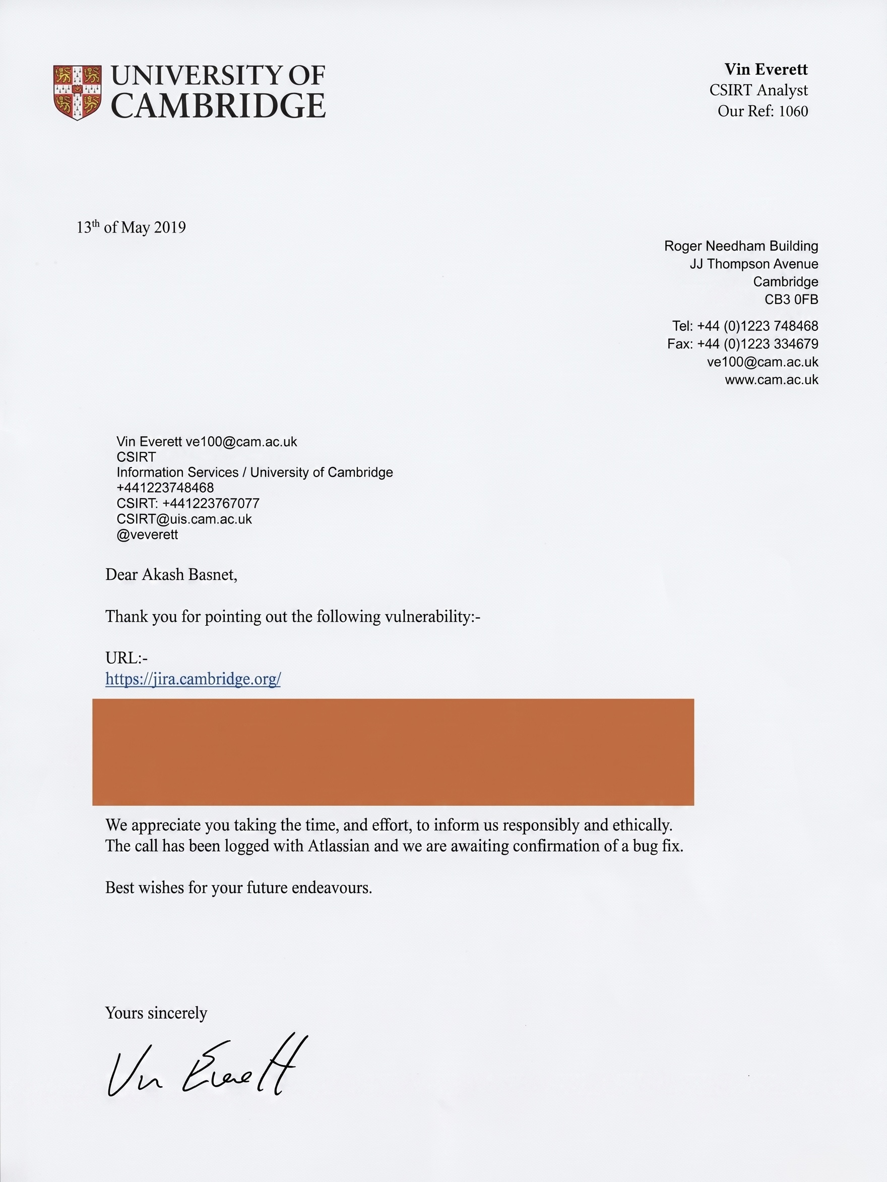 University of Cambridge CSIRT letter