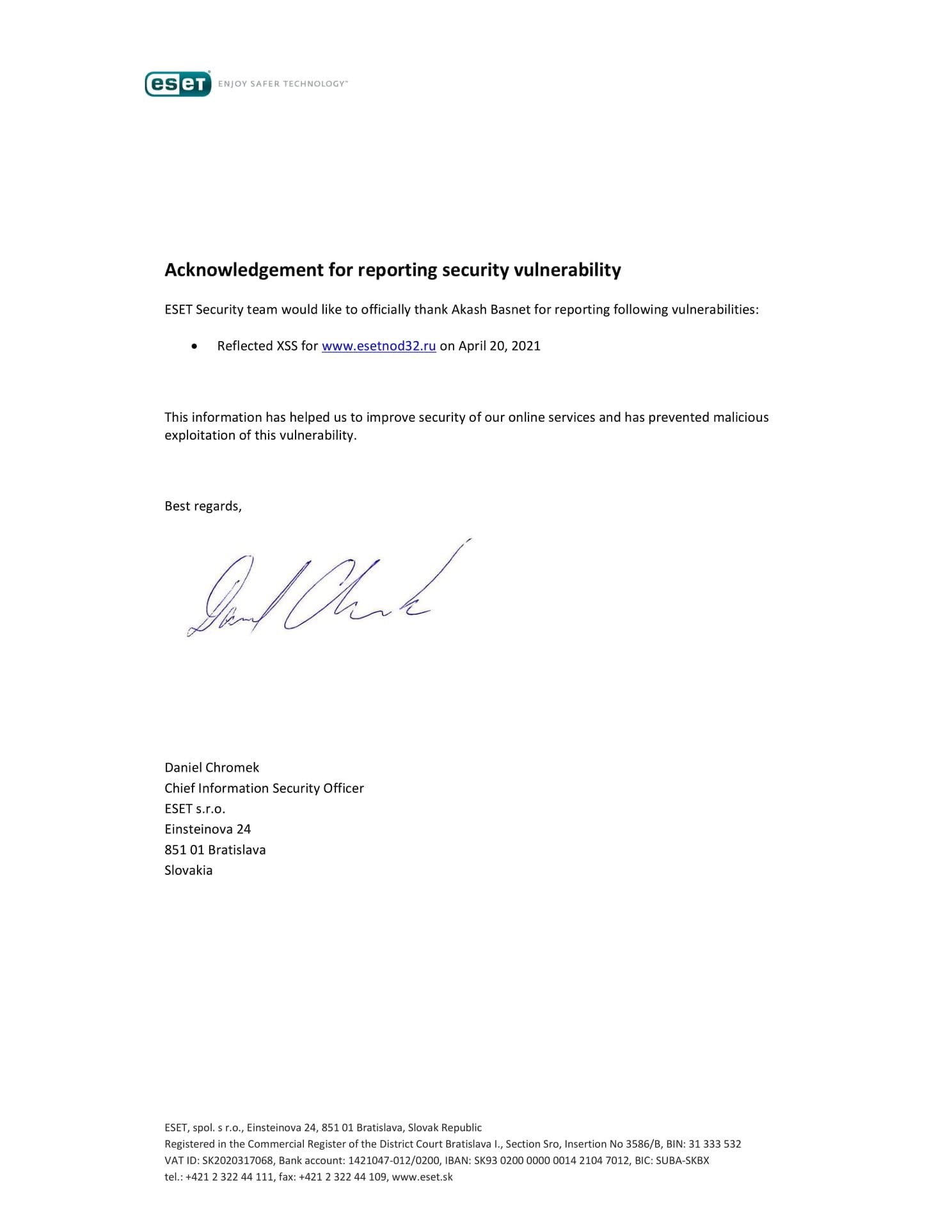 ESET acknowledgement letter