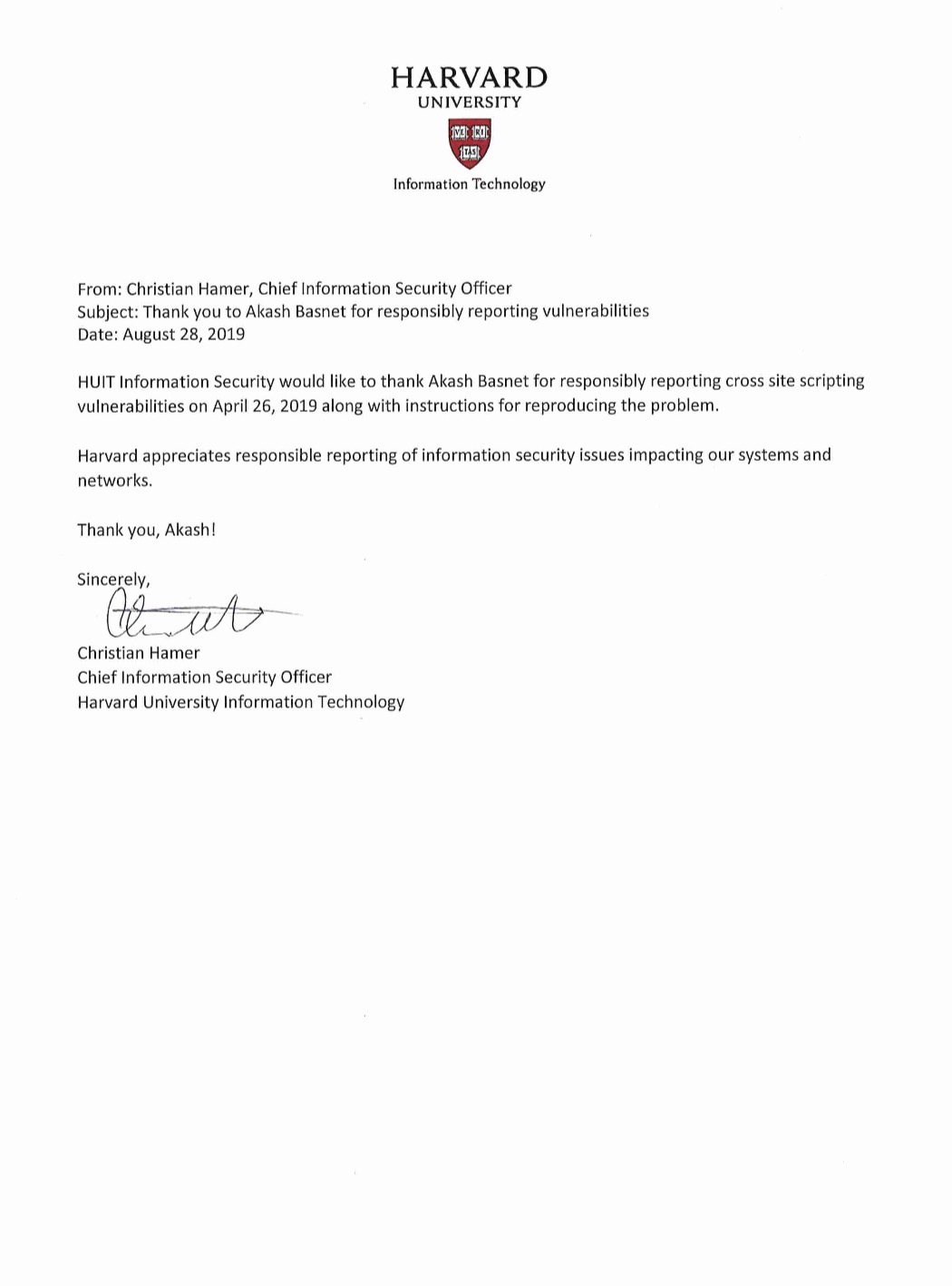 Harvard University thank-you letter