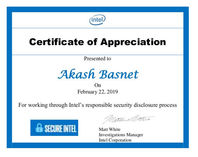Intel Certificate of Appreciation