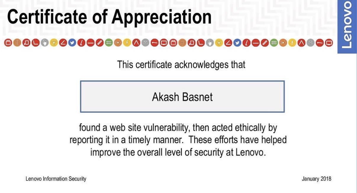 Lenovo PSIRT Letter of Acknowledgement