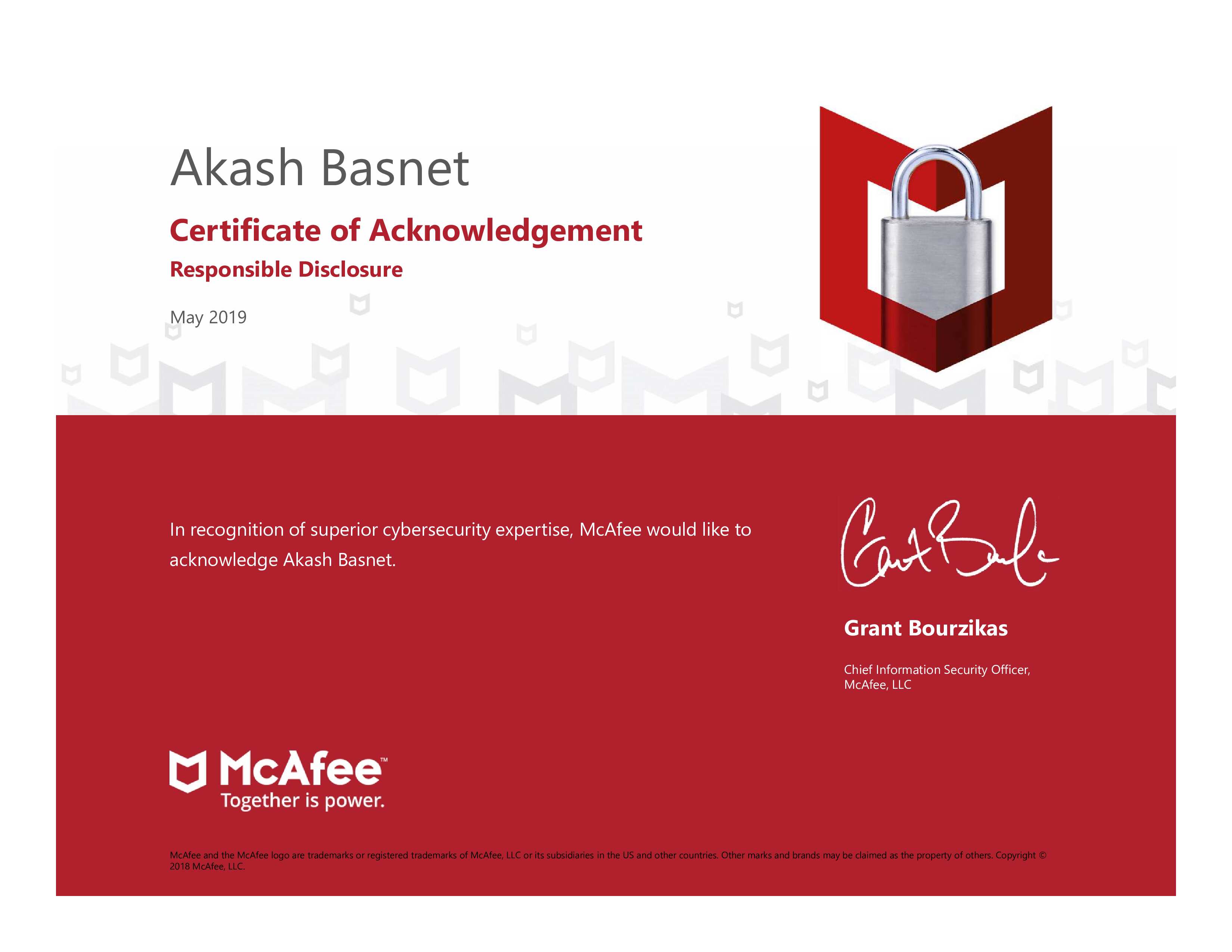 McAfee Certificate of Acknowledgement