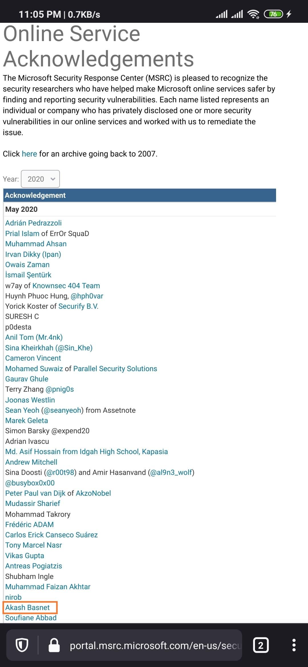 Microsoft MSRC acknowledgement