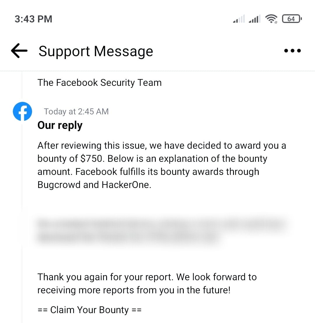 Facebook Security Team $750 bounty award